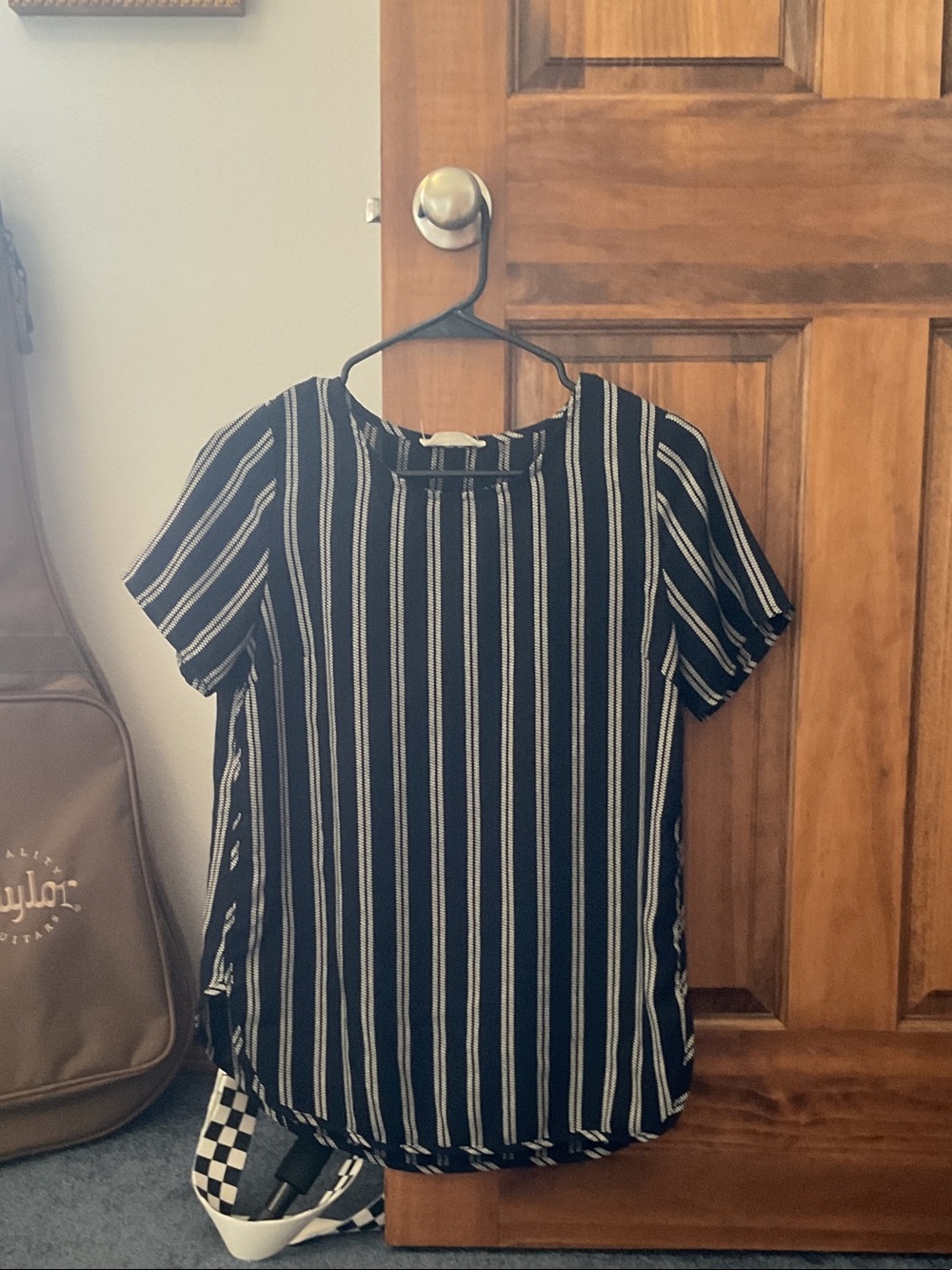 Striped Short-Sleeve Blouse in Navy and White